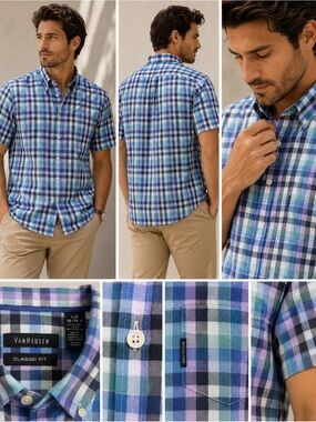 Van Heusen Blue, Purple & Teal Plaid Short-Sleeve Button-Down Shirt